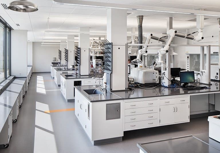 Complete laboratory fit-out with island benches, casework and fume extraction