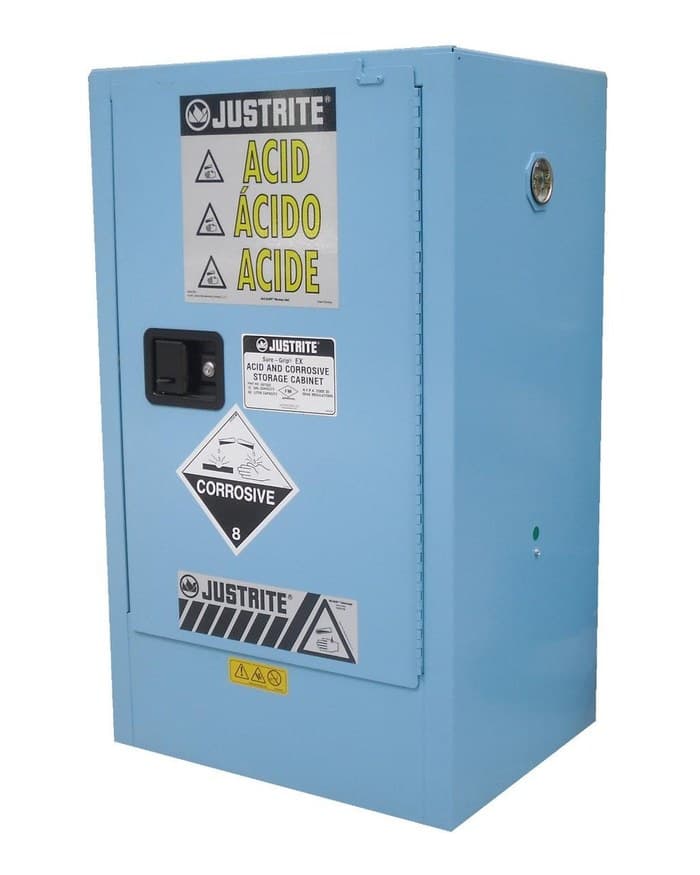 Blue acid and corrosive chemical storage cabinet with hazard labelling