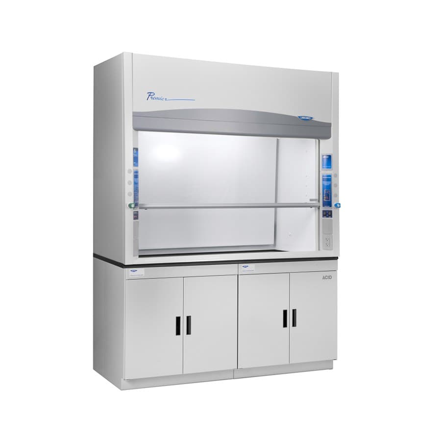 Ducted laboratory chemical fume hood with sash and base cabinet