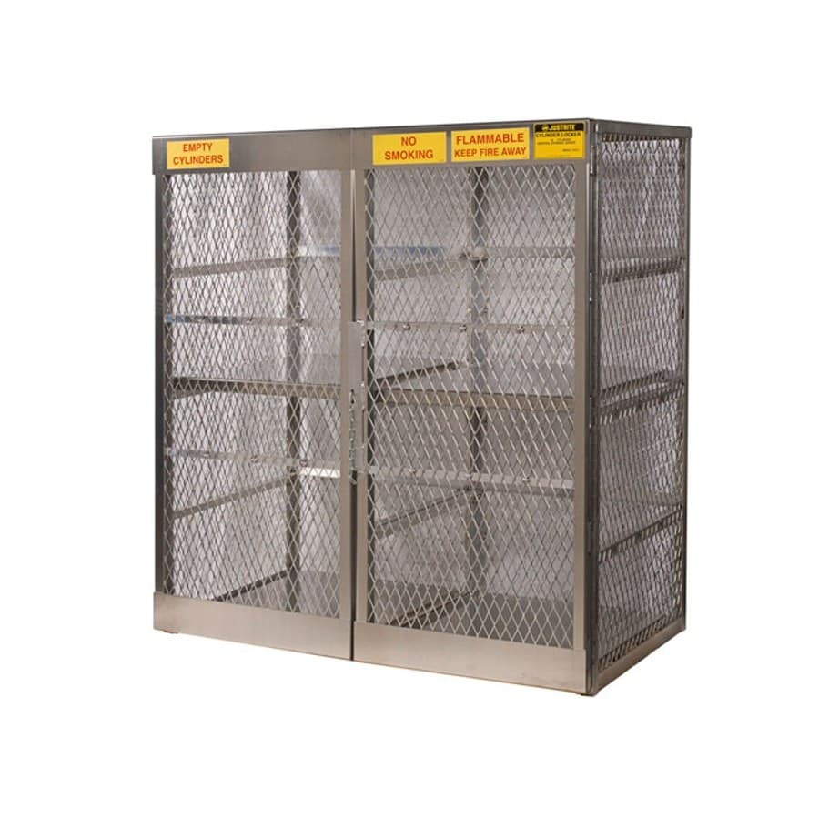 Ventilated metal gas cylinder storage locker with flammable warning signage
