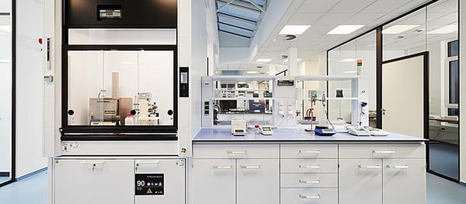 Laboratory fume hood and chemical-resistant workbenches